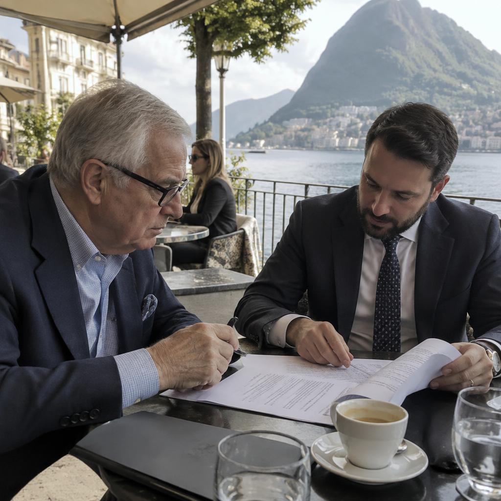 Revisione di un contratto in un caffè sul lago